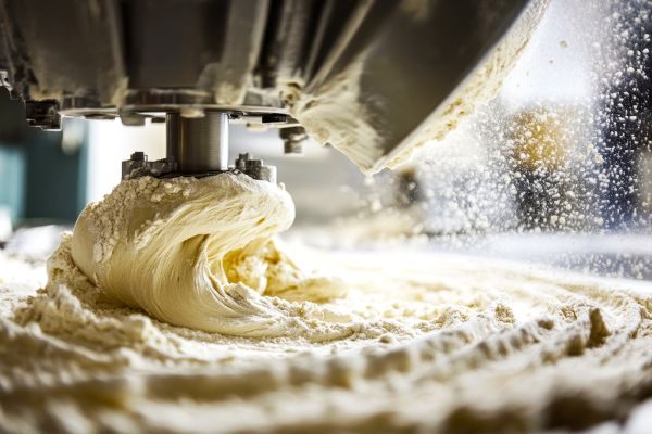 Dough being mixed in a large industrial mixer.